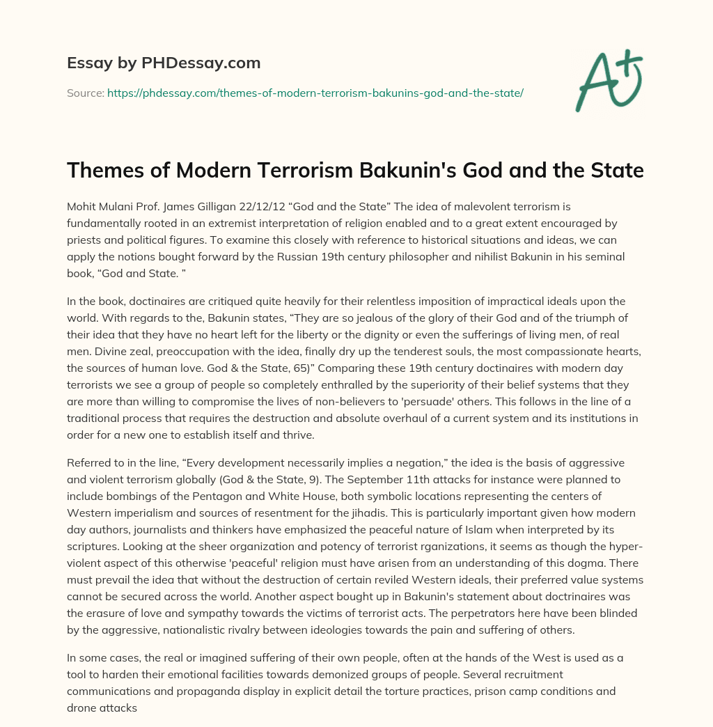Themes of Modern Terrorism Bakunin’s God and the State essay