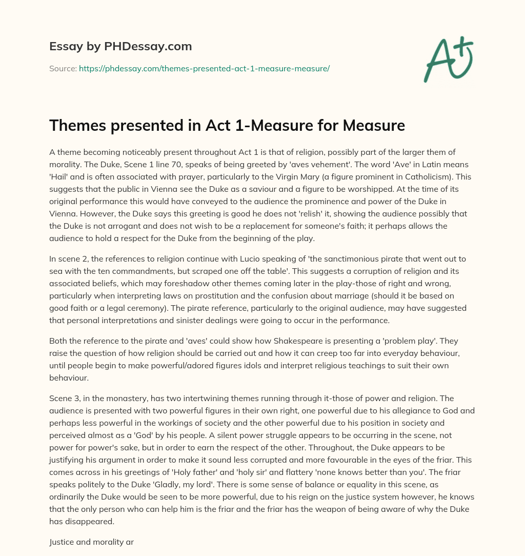 Themes presented in Act 1-Measure for Measure essay