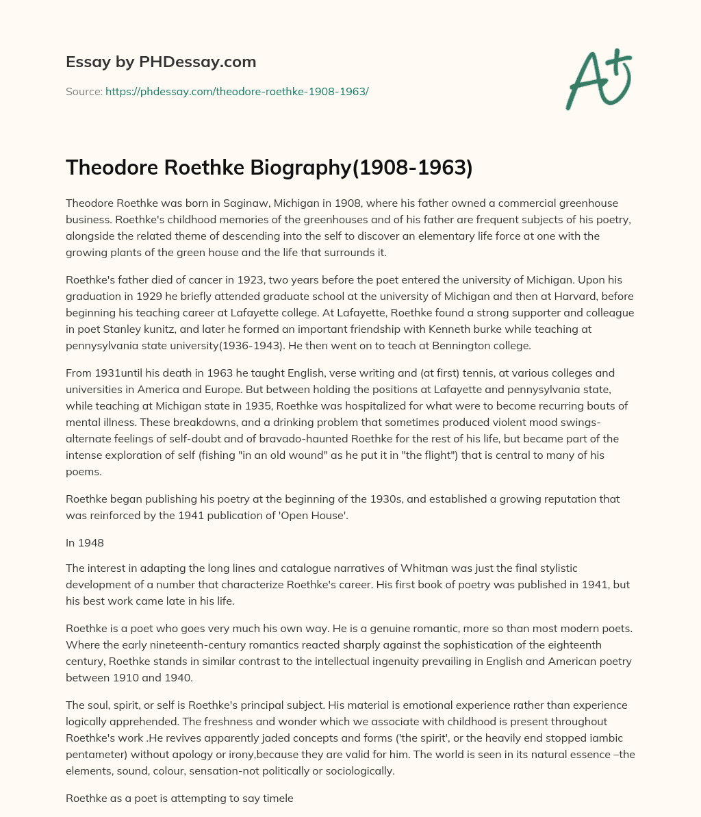 Theodore Roethke Biography(1908-1963) essay