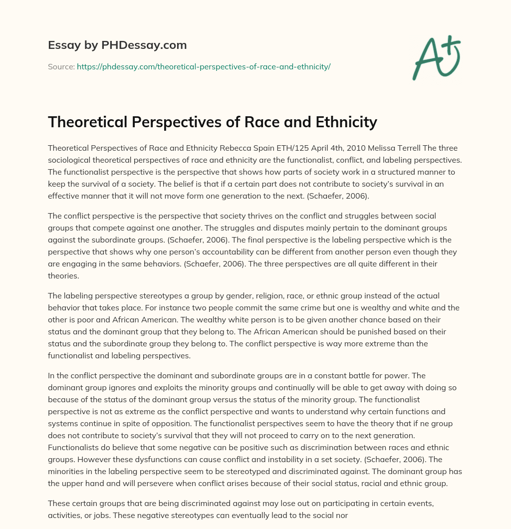 Theoretical Perspectives of Race and Ethnicity essay