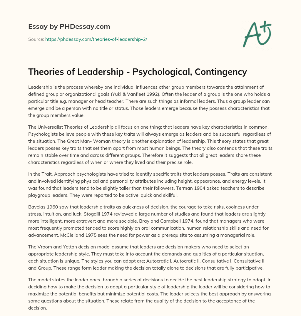 Theories of Leadership – Psychological, Contingency essay