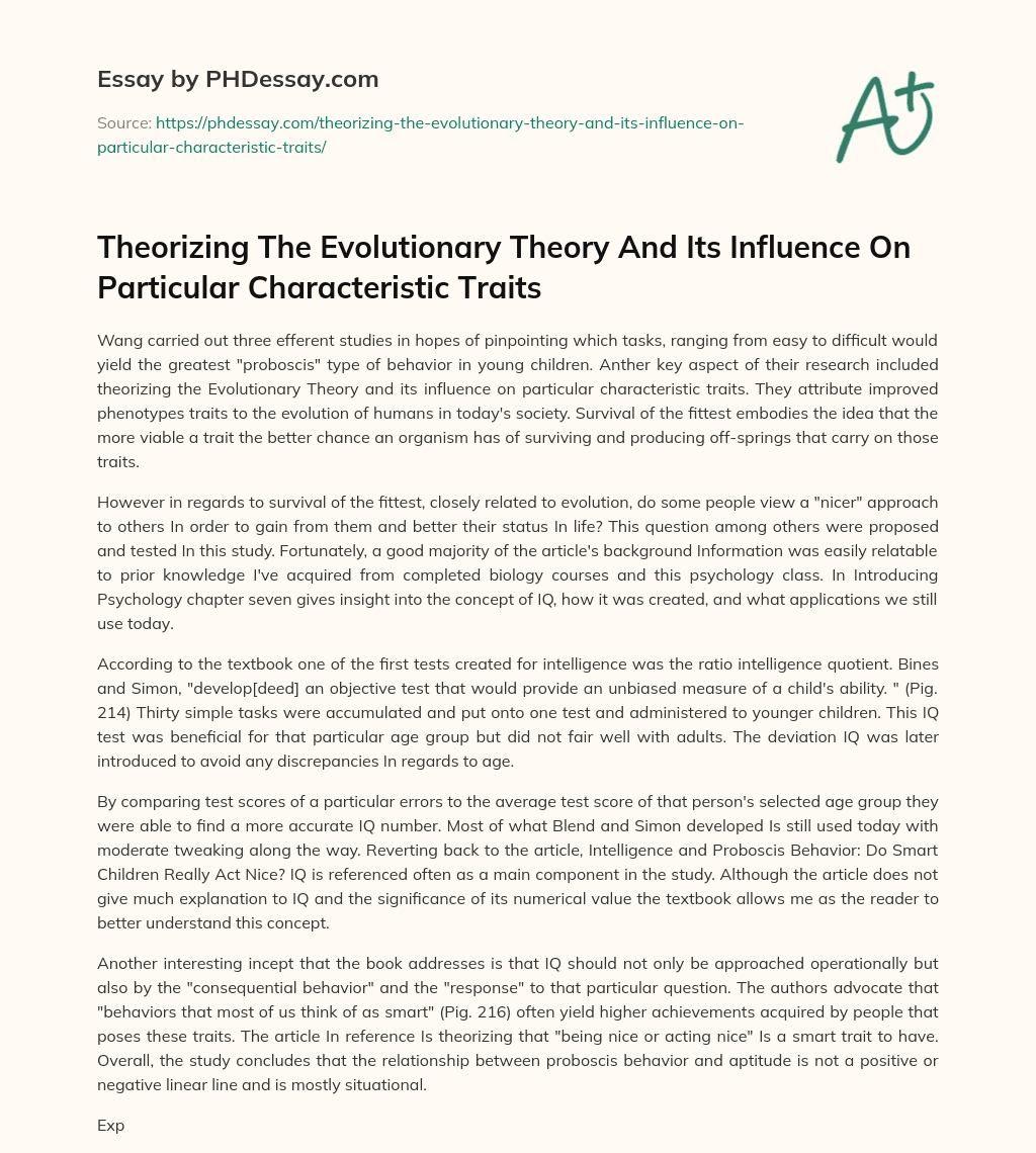 Theorizing The Evolutionary Theory And Its Influence On Particular Characteristic Traits essay
