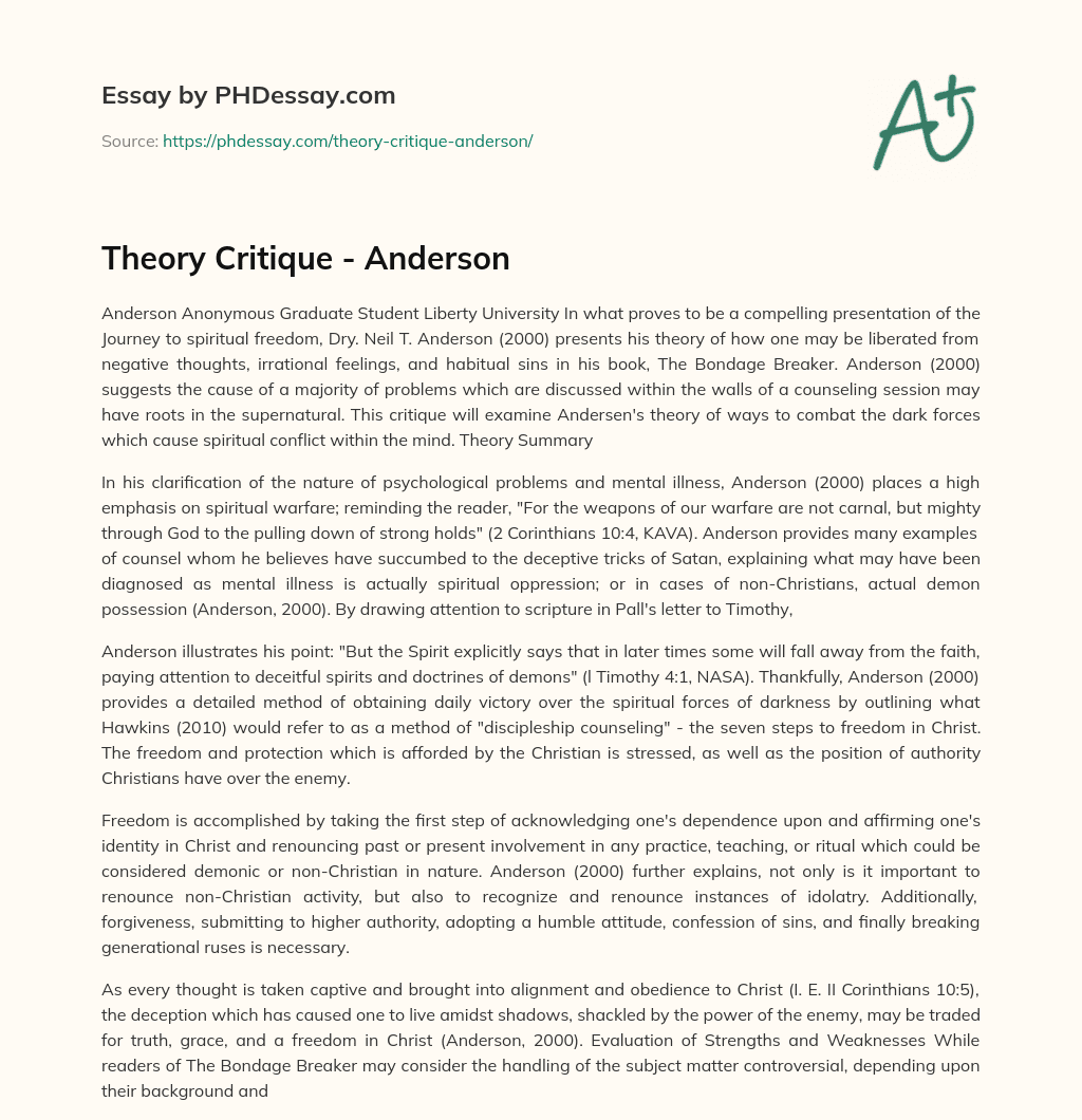 Theory Critique – Anderson essay