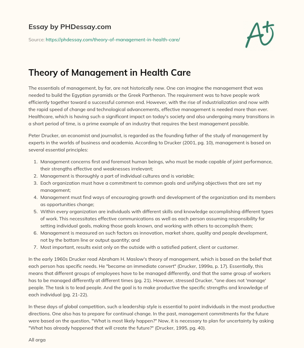 Theory of Management in Health Care essay