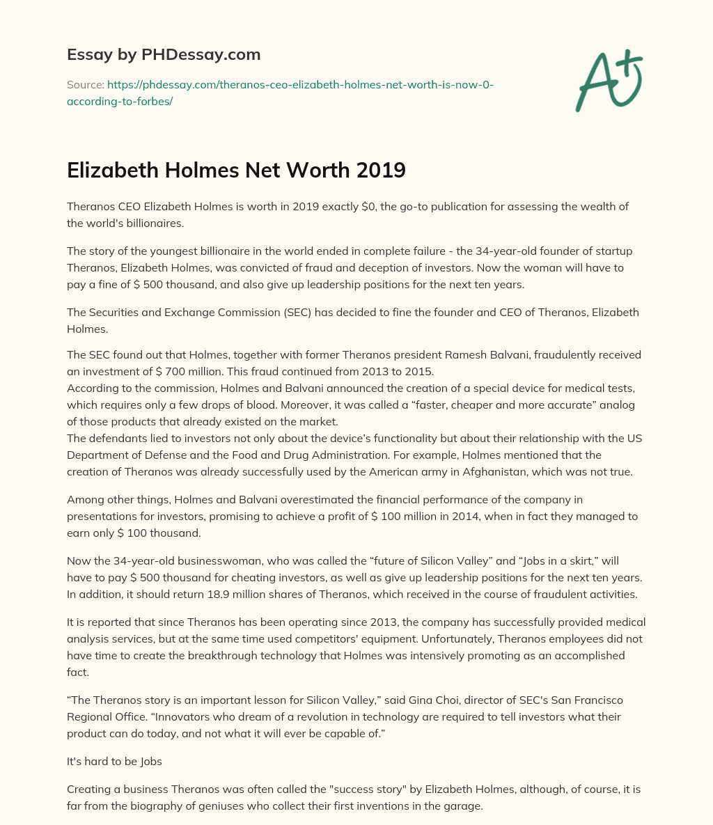 Elizabeth Holmes Net Worth 2019 essay