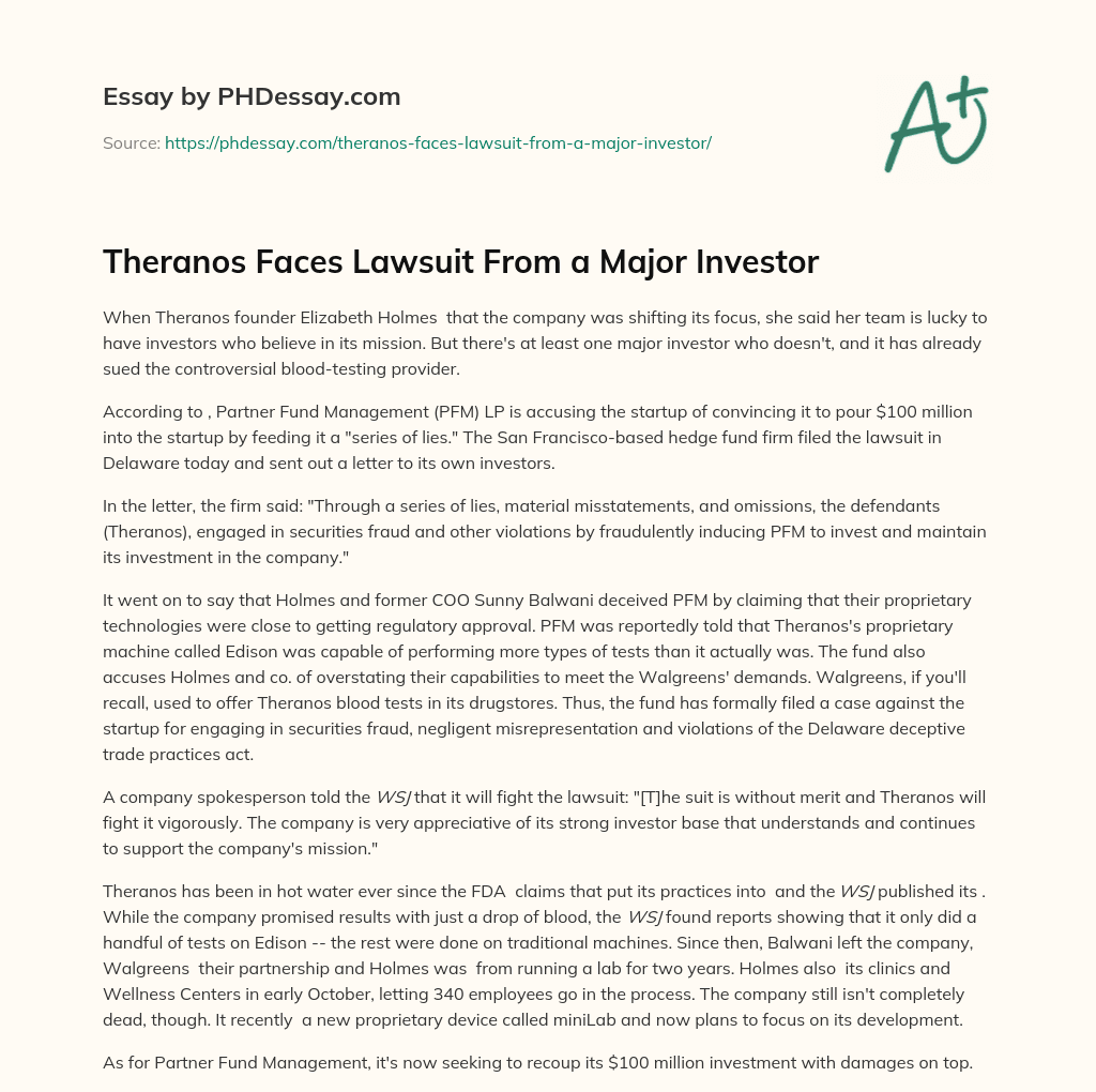 Theranos Faces Lawsuit From a Major Investor essay