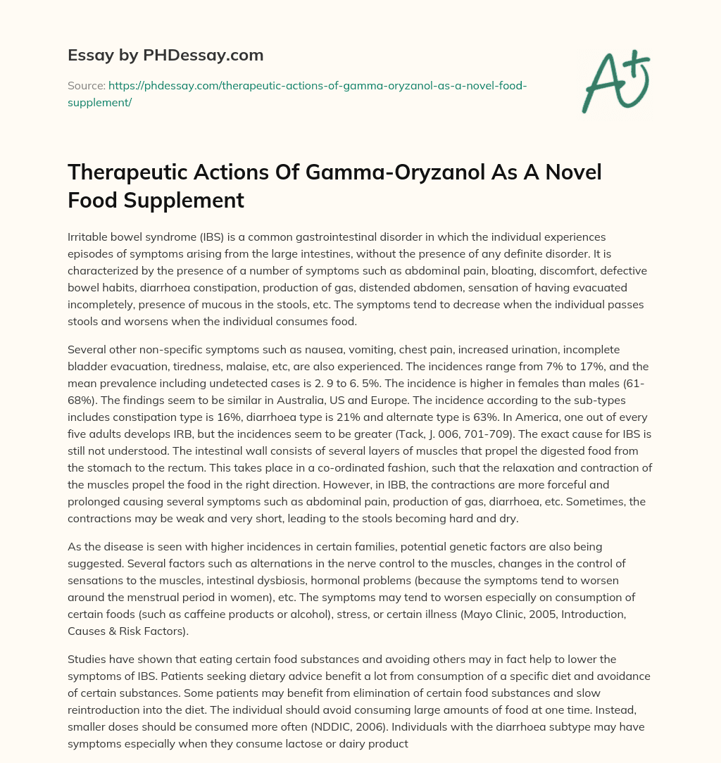 Therapeutic Actions Of Gamma-Oryzanol As A Novel Food Supplement essay