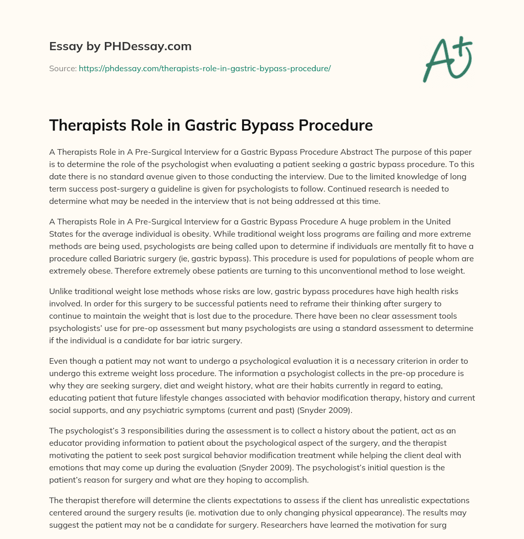 Therapists Role in Gastric Bypass Procedure essay