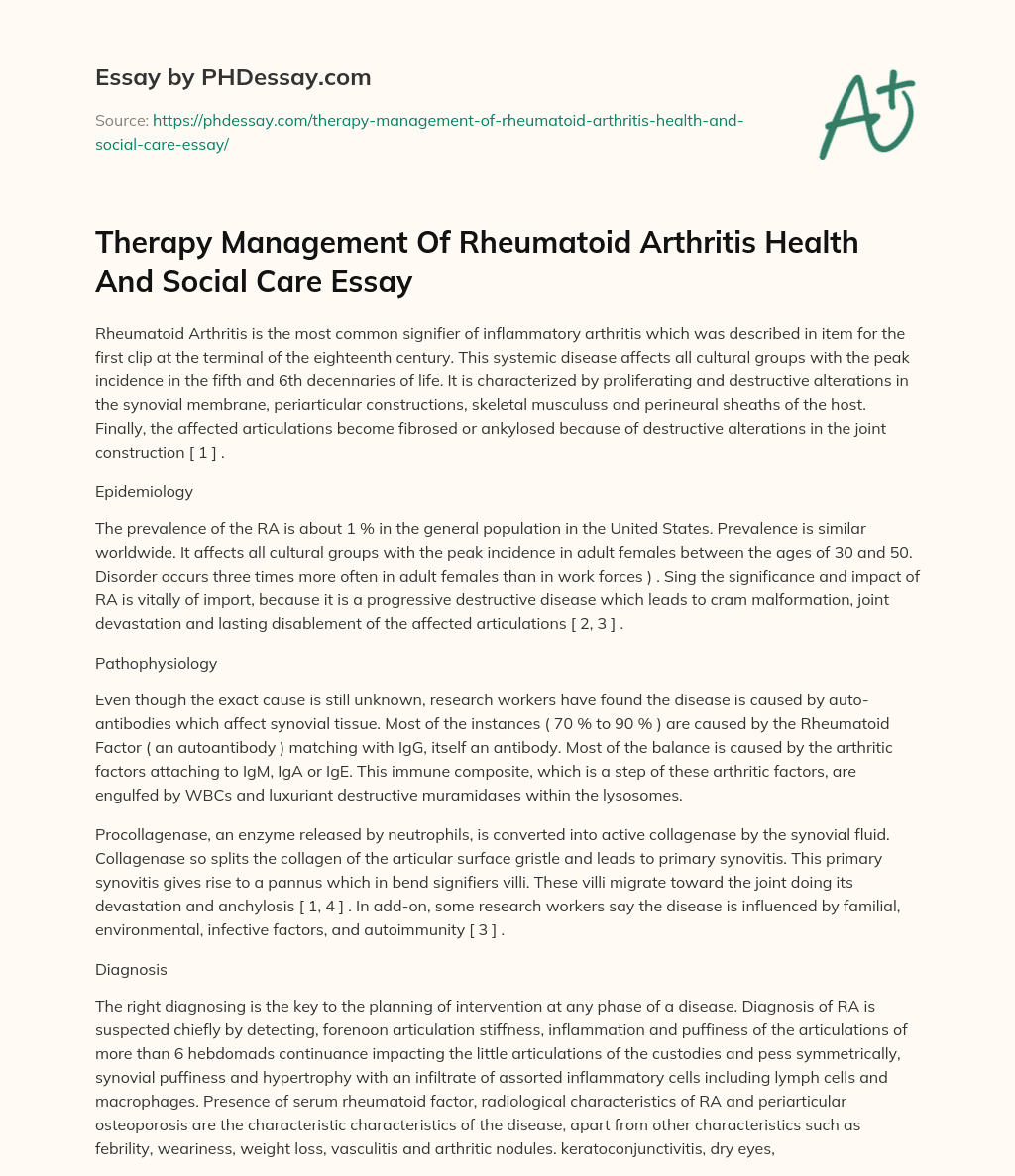 Therapy Management Of Rheumatoid Arthritis Health And Social Care Essay essay