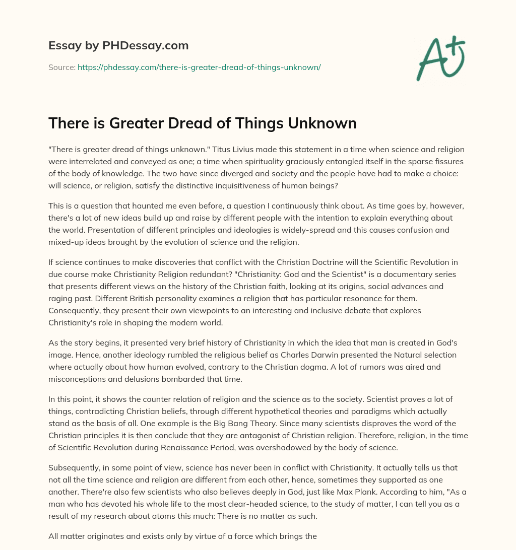 There is Greater Dread of Things Unknown essay