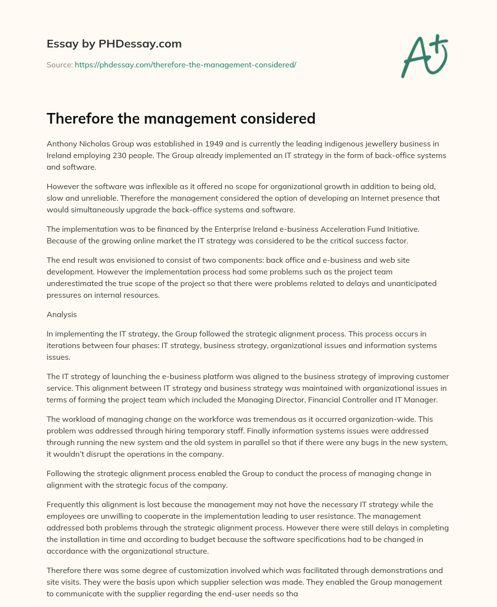 Therefore the management considered essay