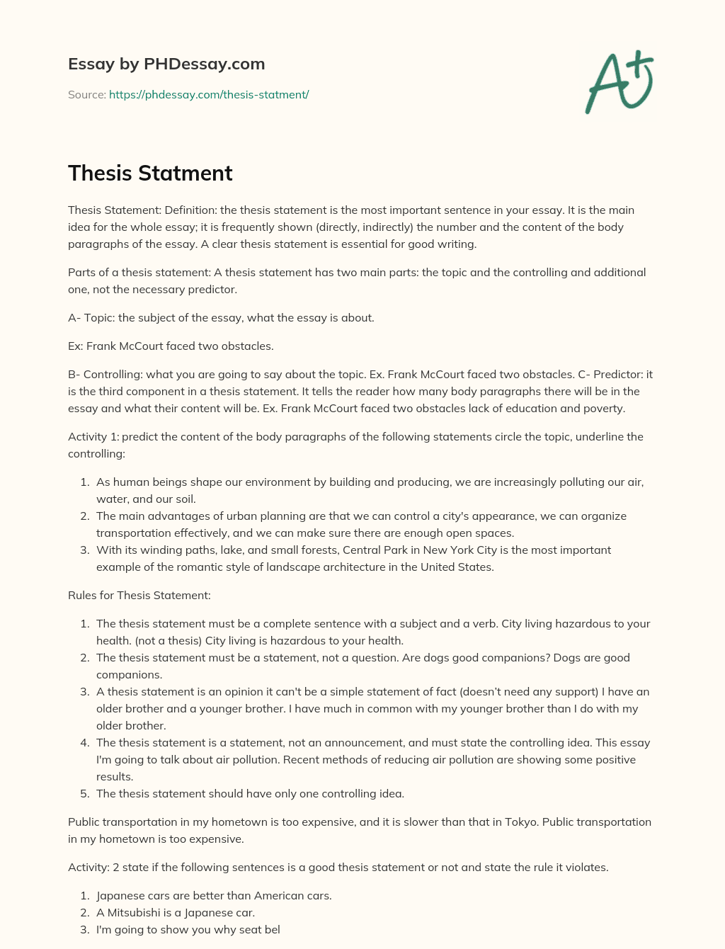 Thesis Statment essay