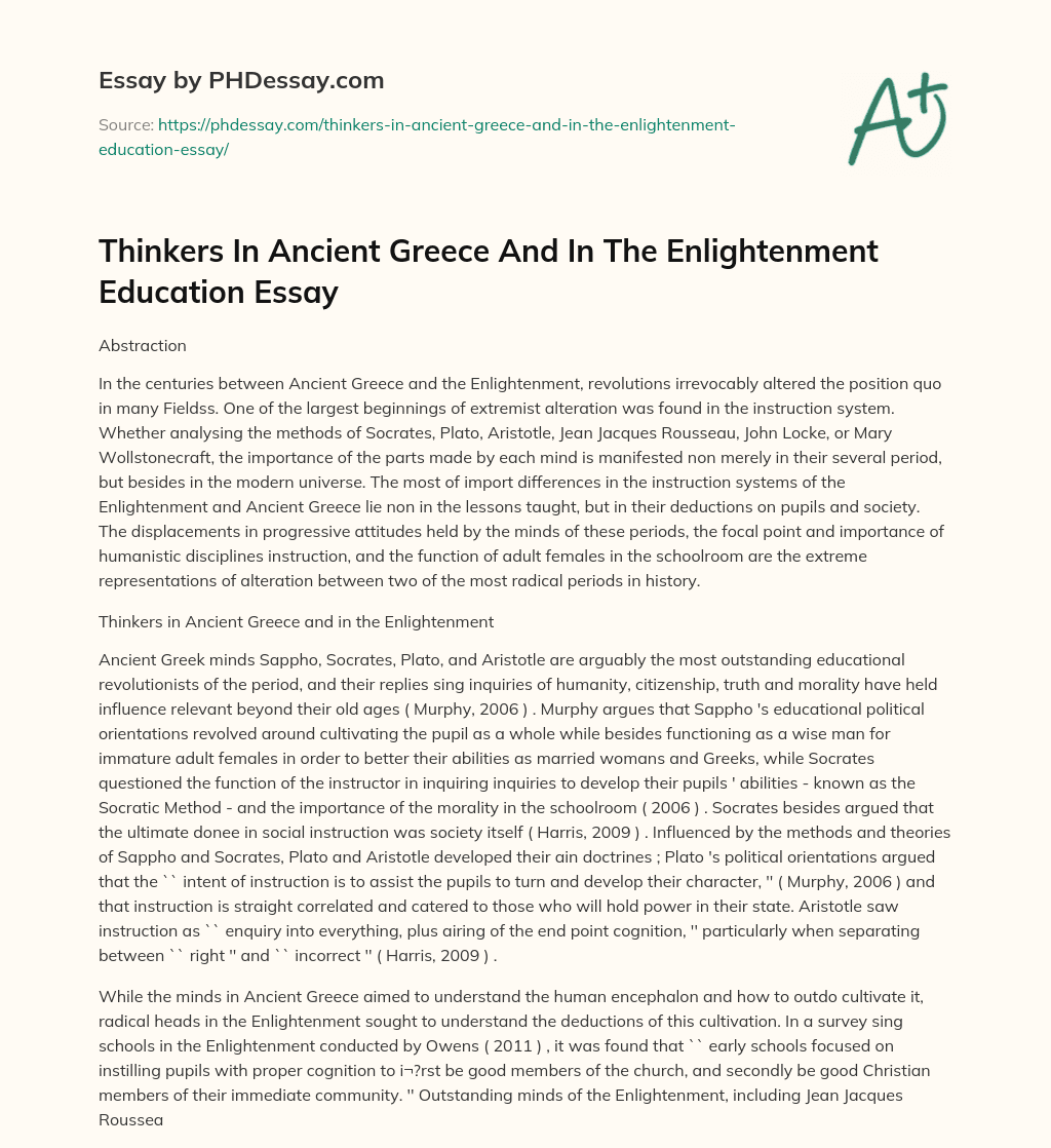 Thinkers In Ancient Greece And In The Enlightenment Education Essay essay
