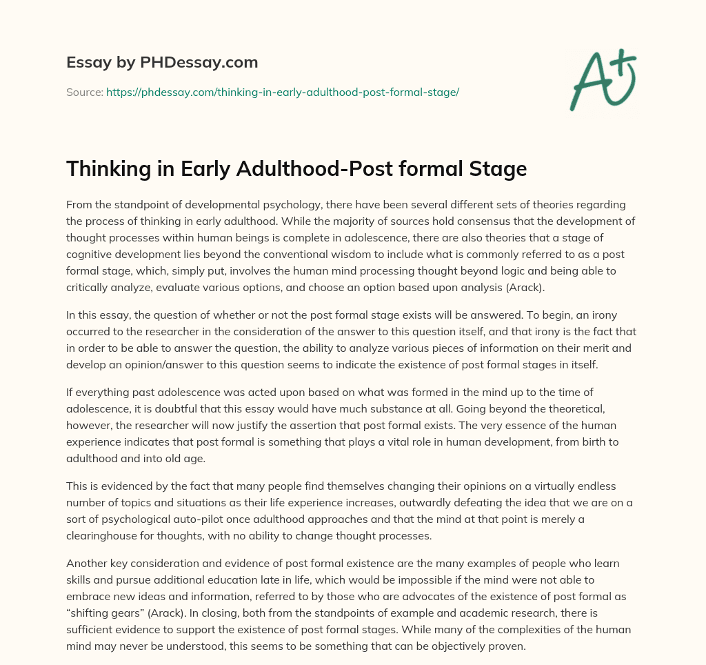 Thinking in Early Adulthood-Post formal Stage essay