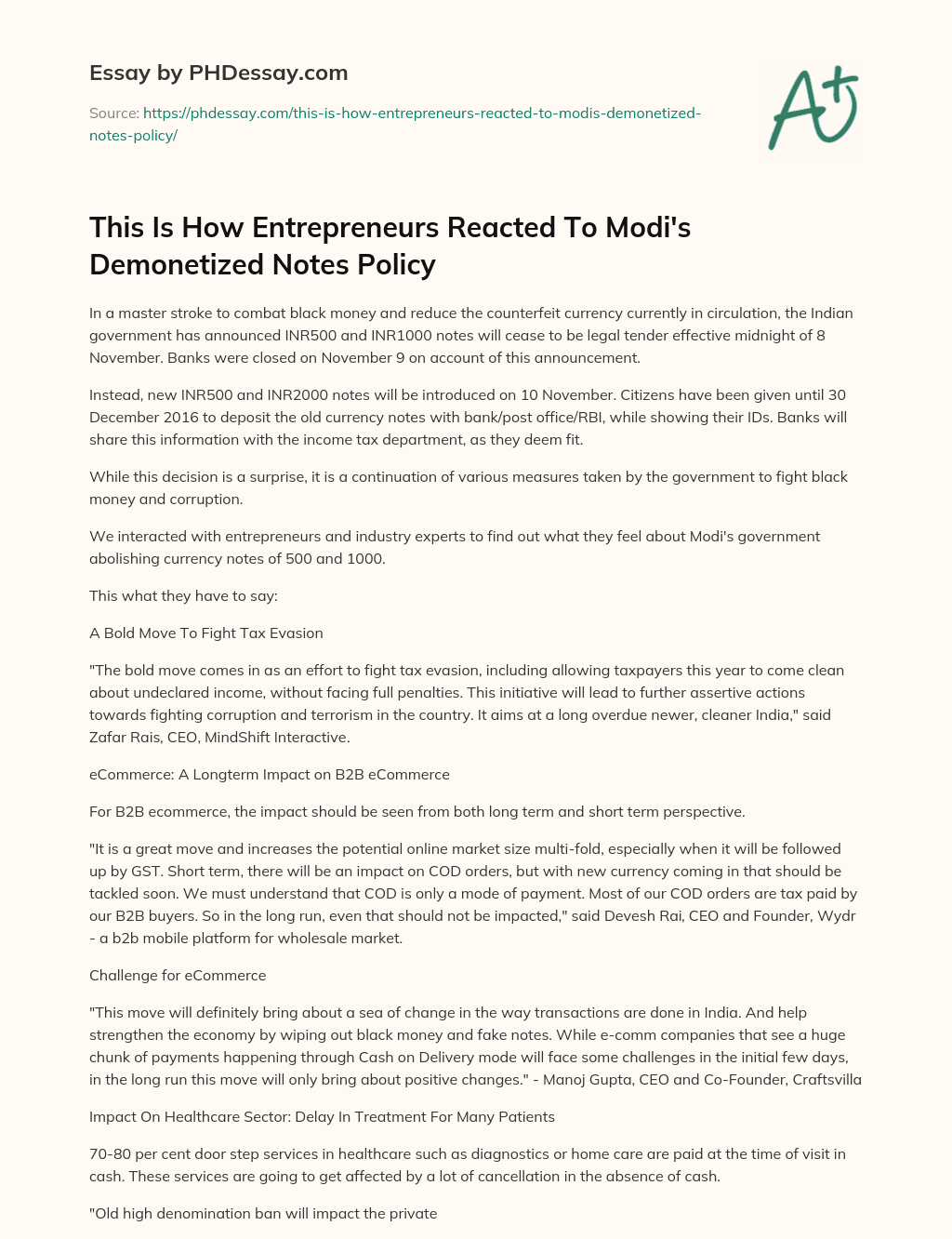 This Is How Entrepreneurs Reacted To Modi’s Demonetized Notes Policy essay