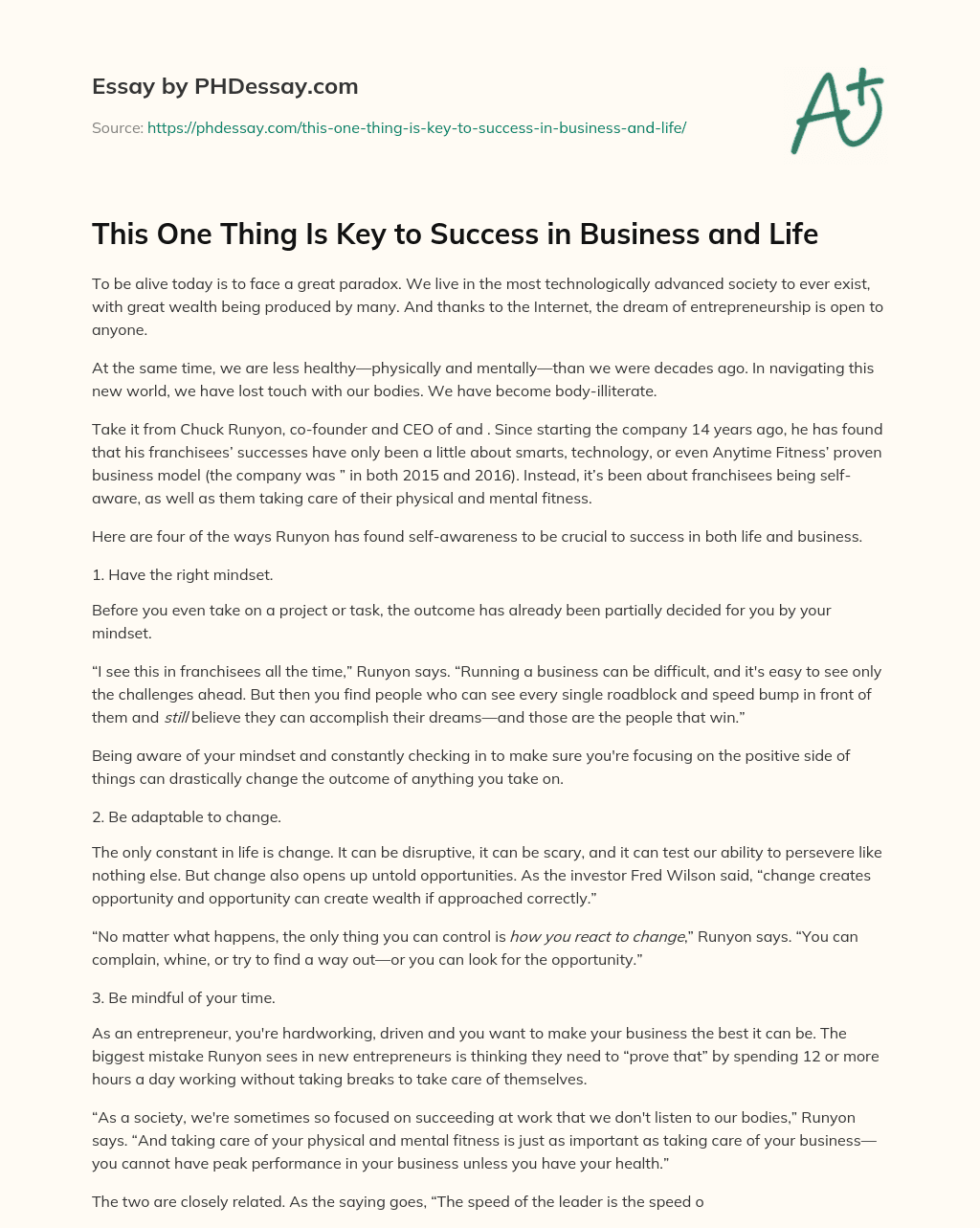 This One Thing Is Key to Success in Business and Life essay