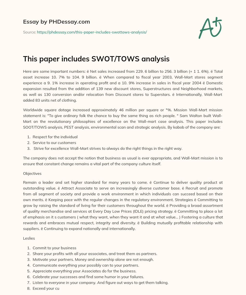 This paper includes SWOT/TOWS analysis essay