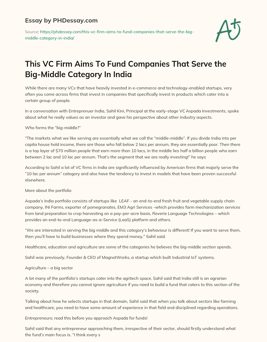 This VC Firm Aims To Fund Companies That Serve the Big-Middle Category In India essay