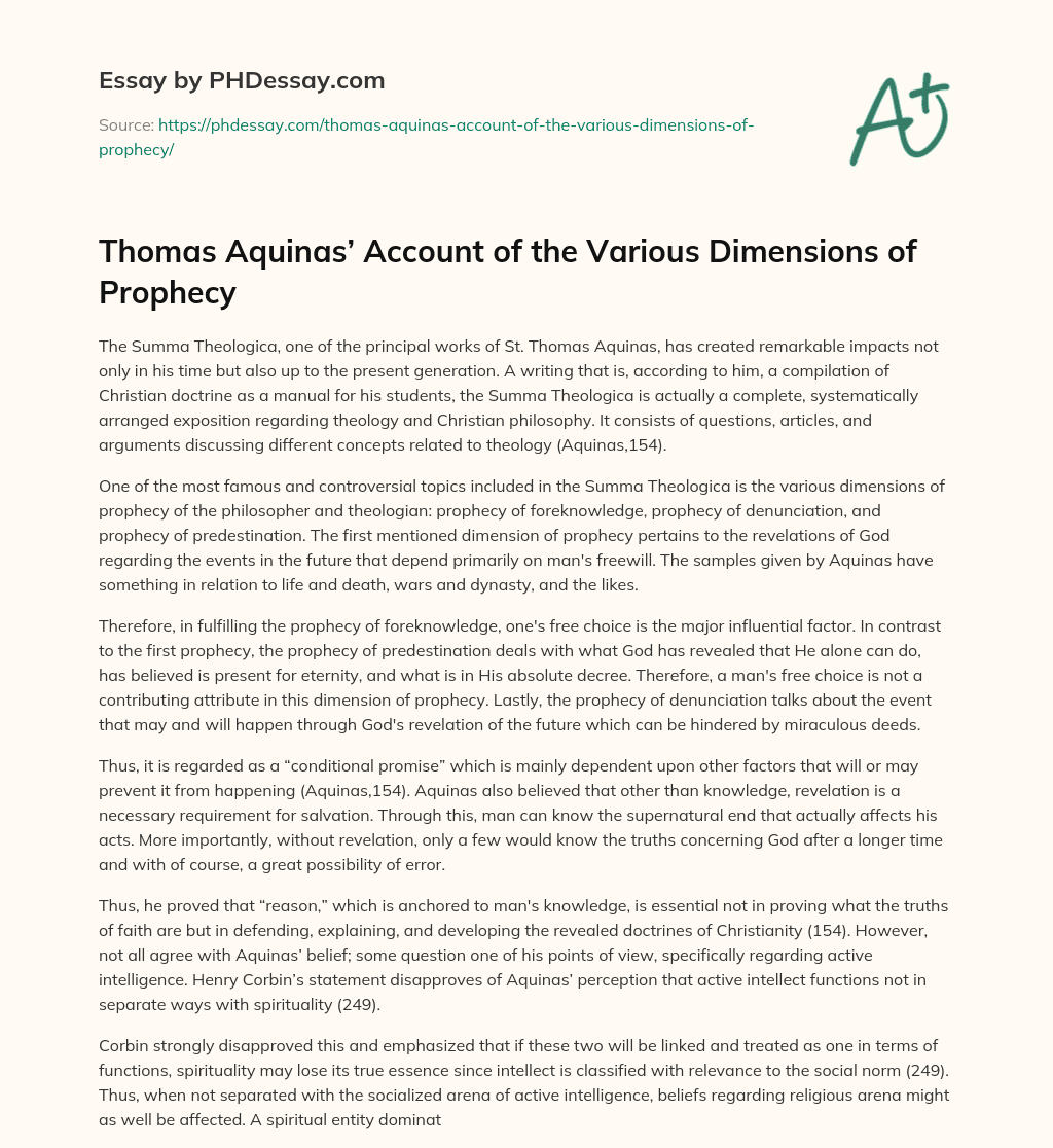 Thomas Aquinas’ Account of the Various Dimensions of Prophecy essay