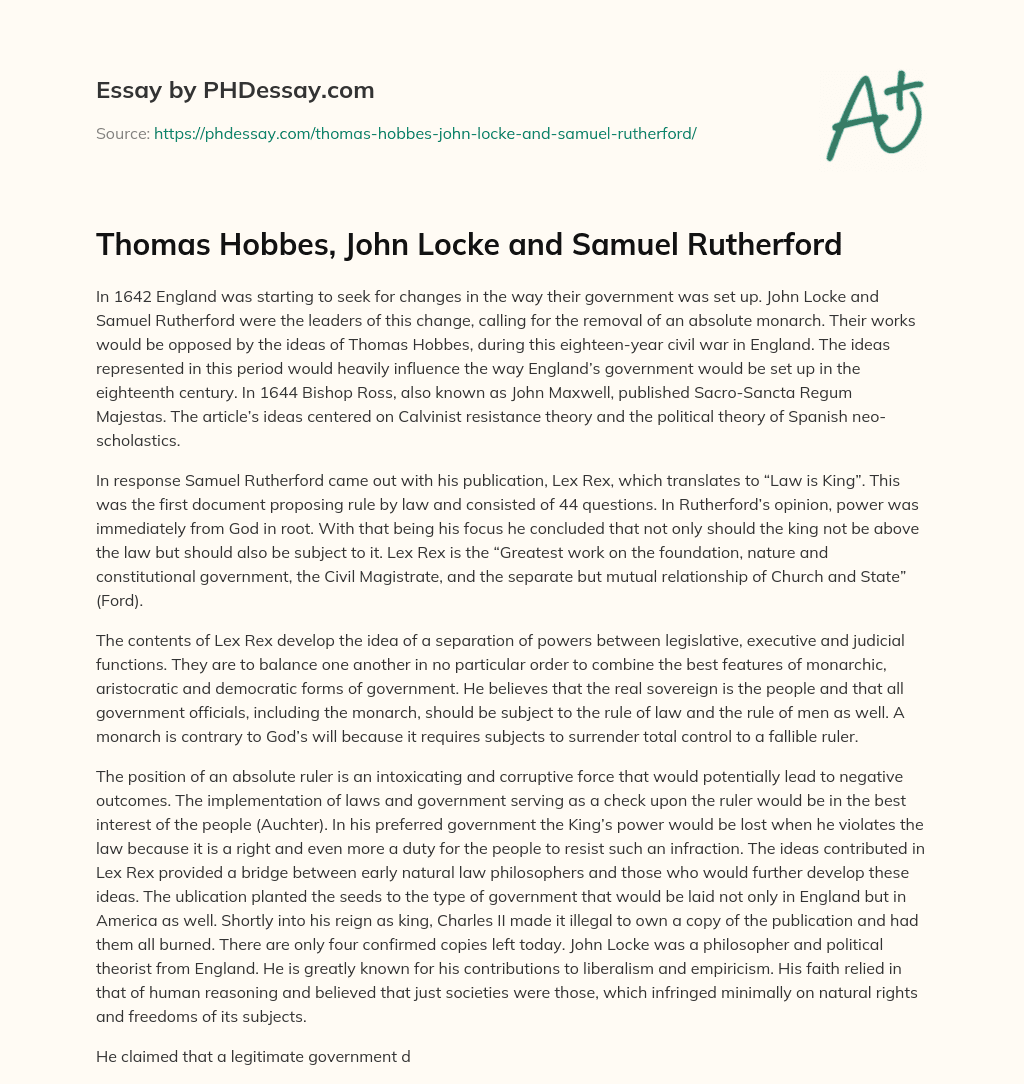 Thomas Hobbes, John Locke and Samuel Rutherford essay