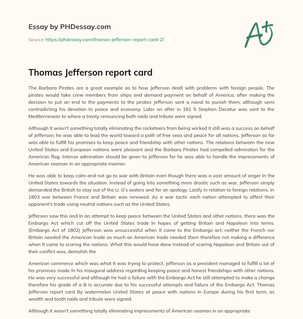 Thomas Jefferson report card essay