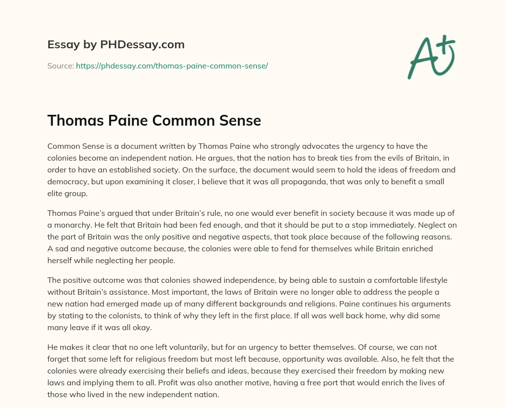 common sense essay by thomas paine