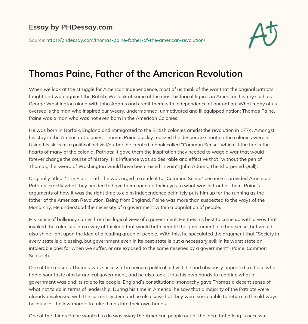 Thomas Paine, Father of the American Revolution essay