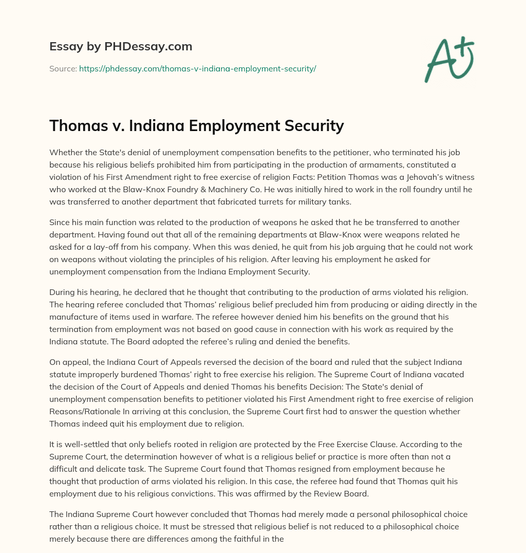 Thomas v. Indiana Employment Security essay