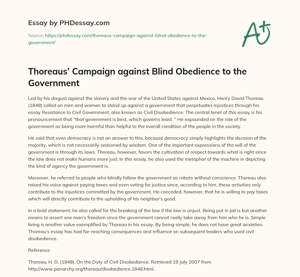 Thoreaus’ Campaign against Blind Obedience to the Government essay