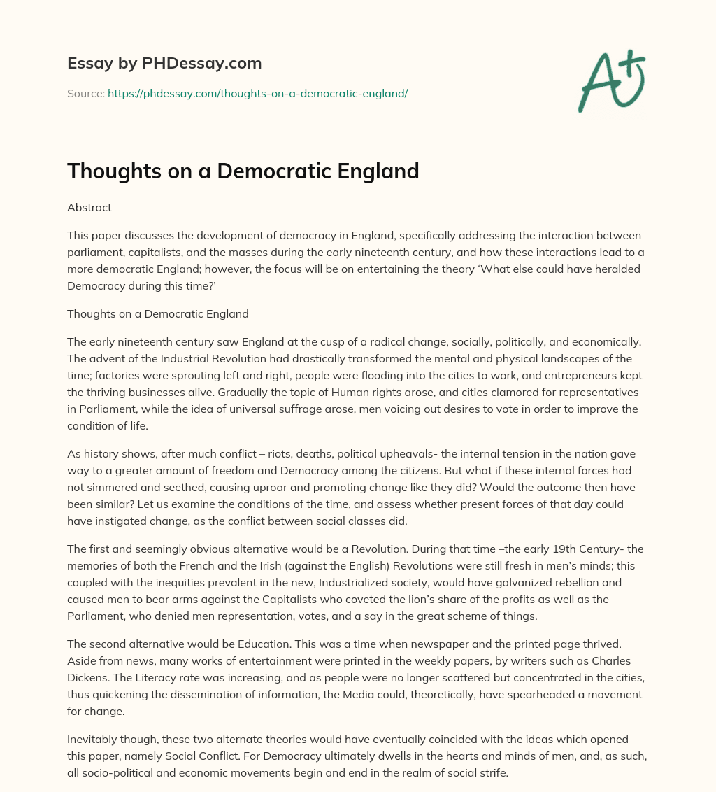 Thoughts on a Democratic England essay