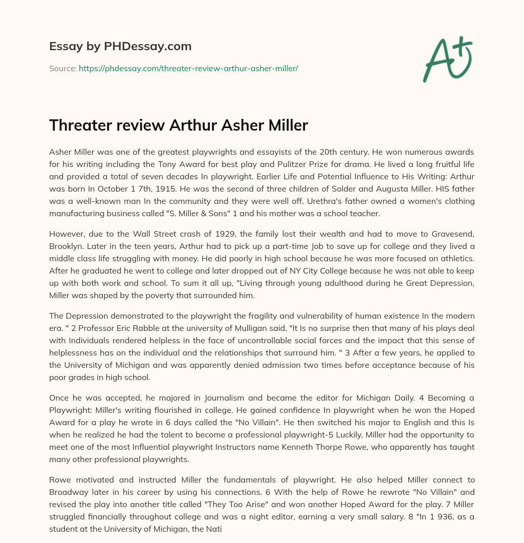 Threater review Arthur Asher Miller essay