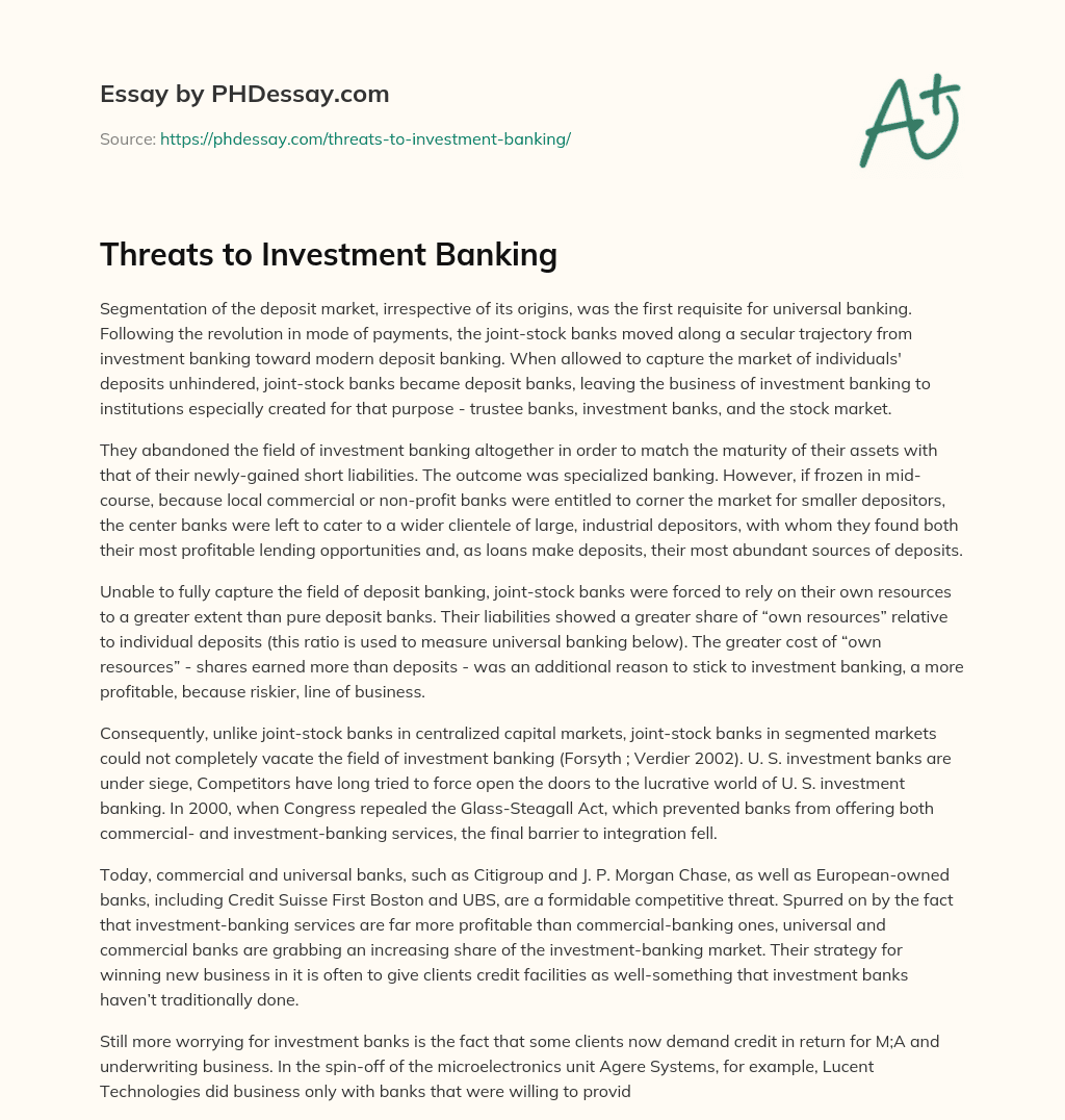 Threats to Investment Banking essay