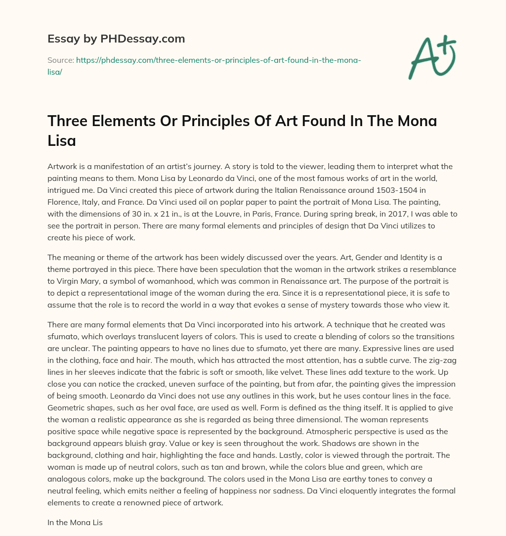 Three Elements Or Principles Of Art Found In The Mona Lisa essay