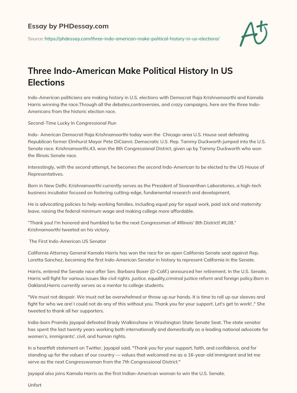 Three Indo-American Make Political History In US Elections essay