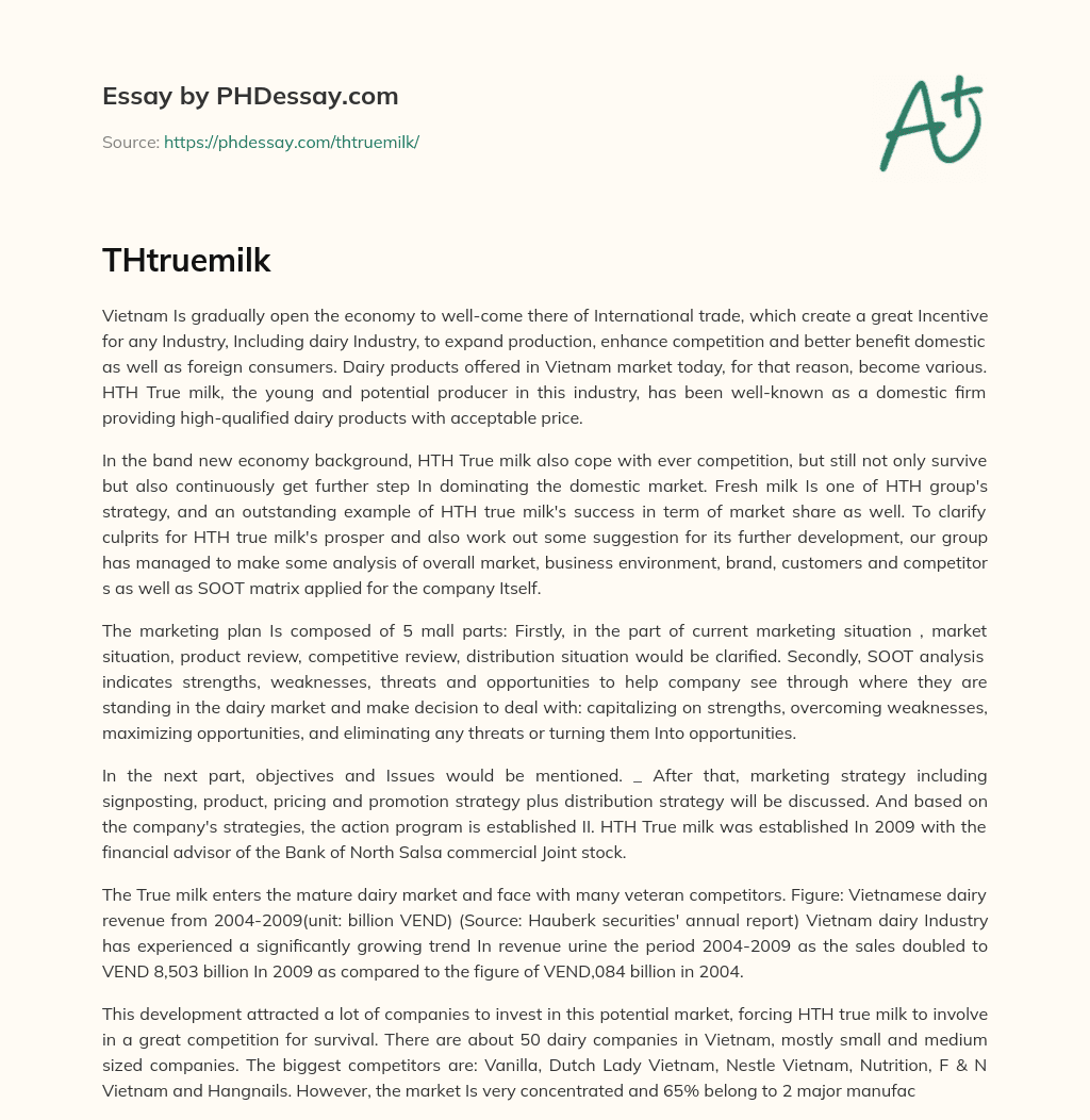 Vietnam’s Open Economy Boosts Dairy Industry: HTH True Milk’s Success Story essay