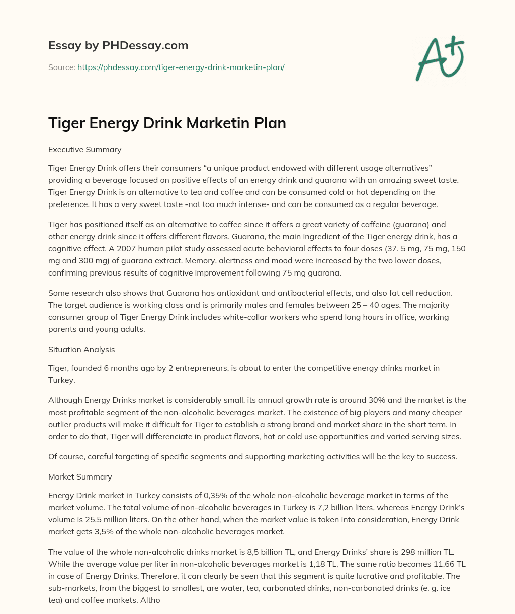 Tiger Energy Drink Marketin Plan essay