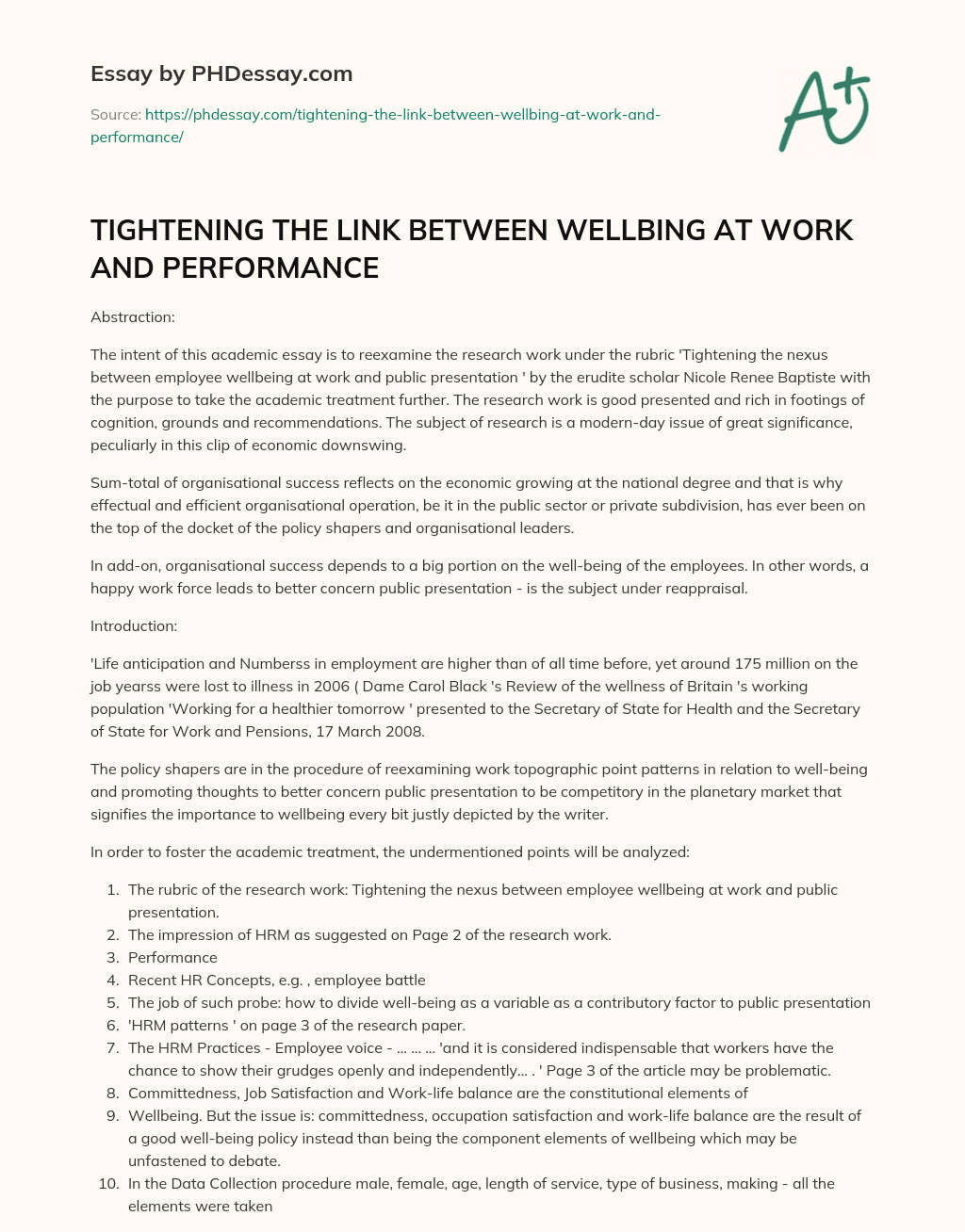 TIGHTENING THE LINK BETWEEN WELLBING AT WORK AND PERFORMANCE essay