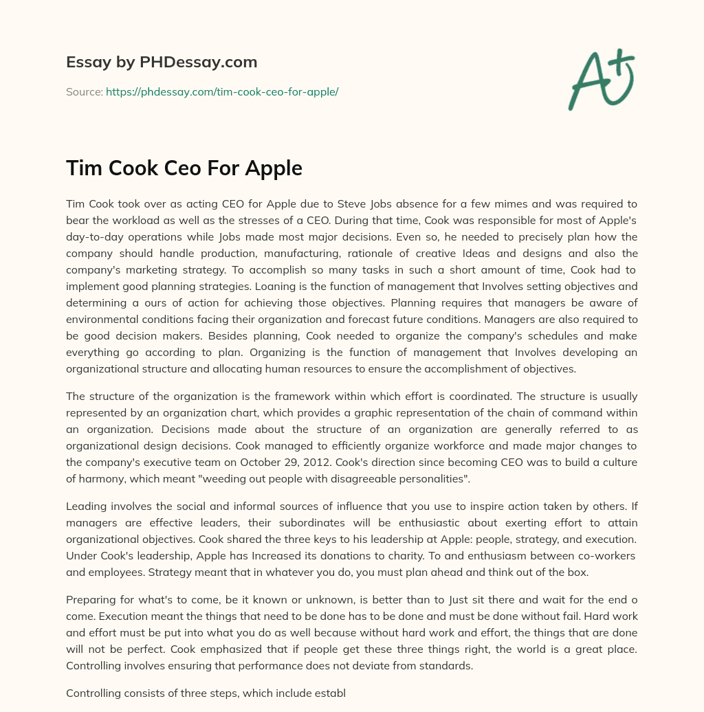 Tim Cook Ceo For Apple essay
