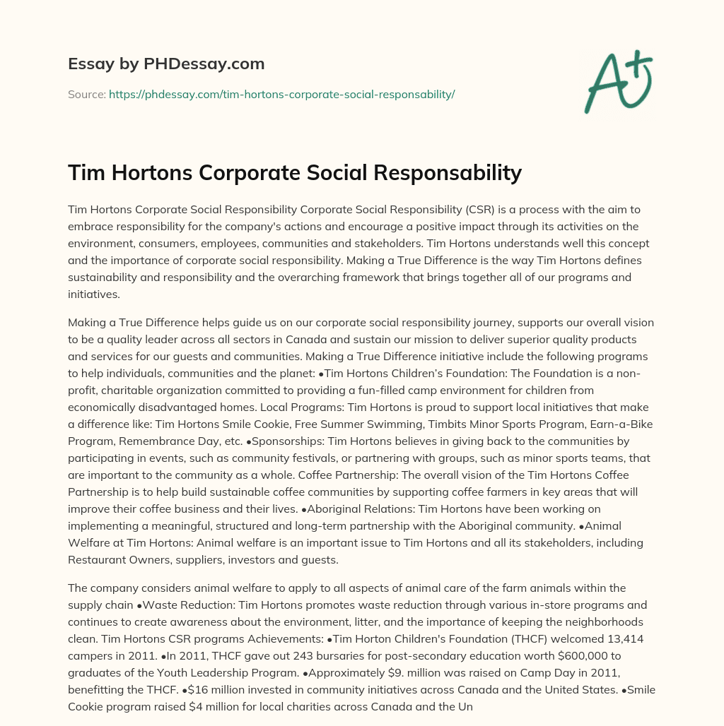 Tim Hortons Corporate Social Responsability essay