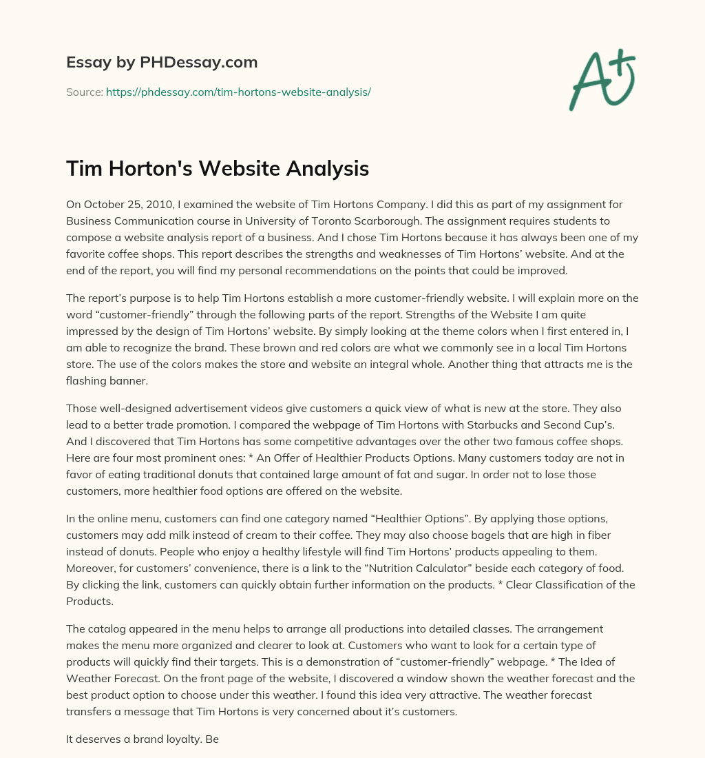 Tim Horton’s Website Analysis essay