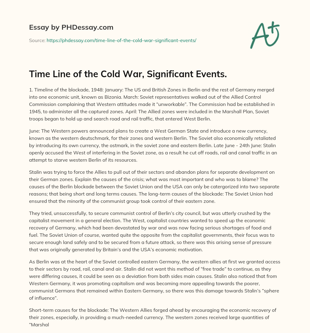 Time Line of the Cold War, Significant Events. essay