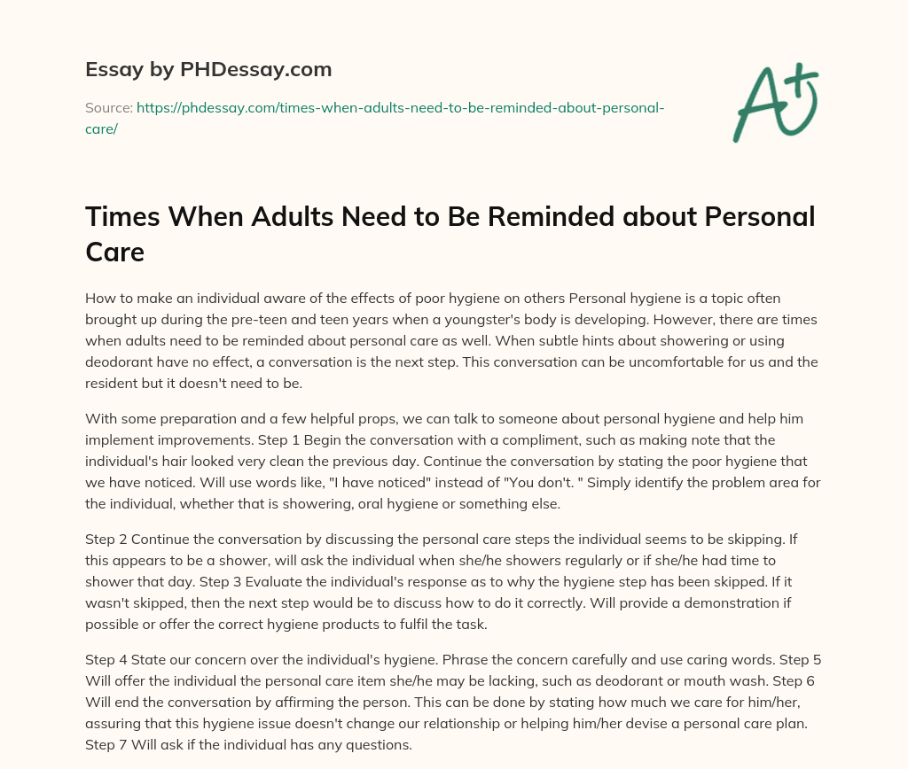 Times When Adults Need to Be Reminded about Personal Care essay