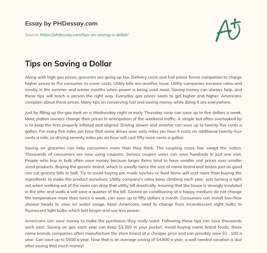 Tips on Saving a Dollar essay