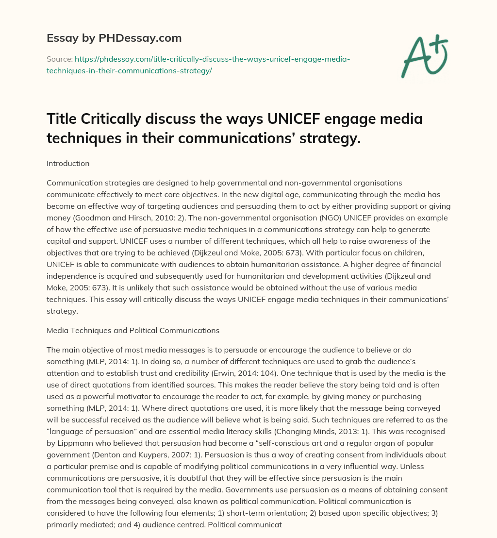 Effective use of media techniques in UNICEF’s communication strategy essay