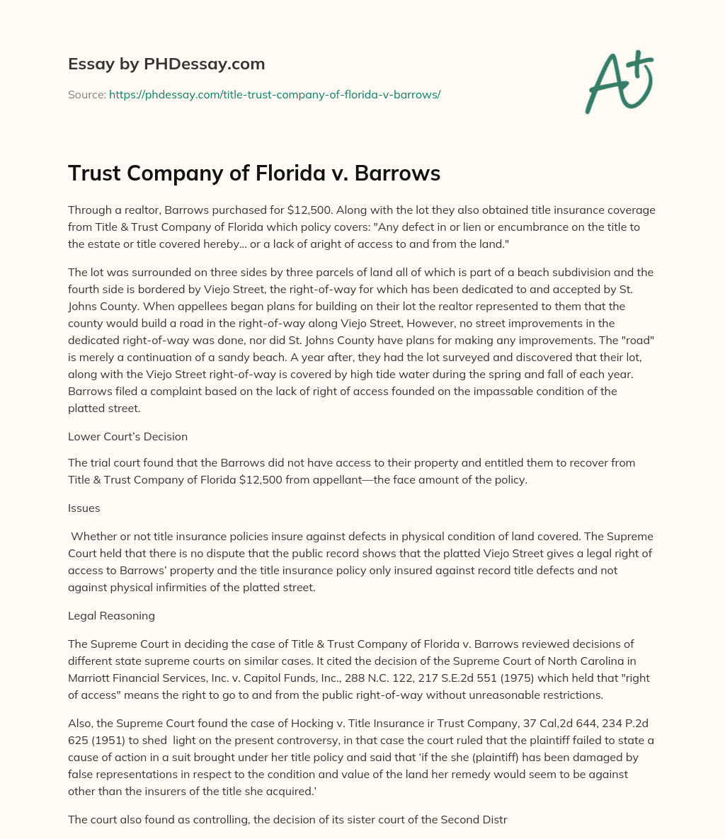 Trust Company of Florida v. Barrows essay