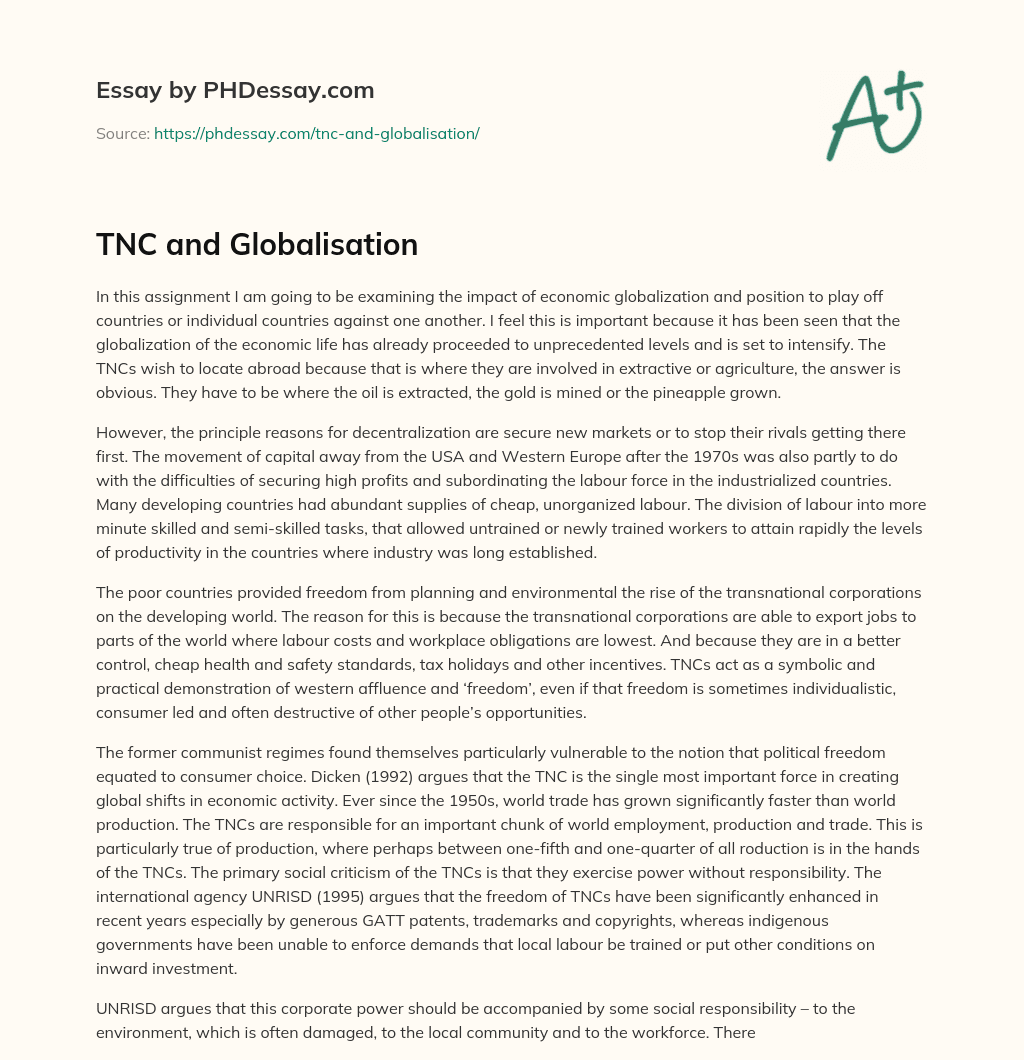 TNC and Globalisation essay