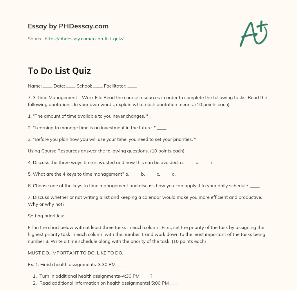 To Do List Quiz essay