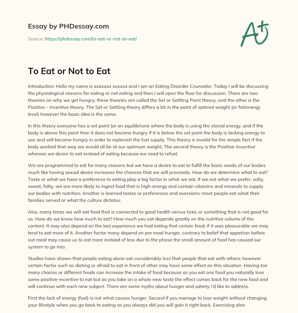 To Eat or Not to Eat essay