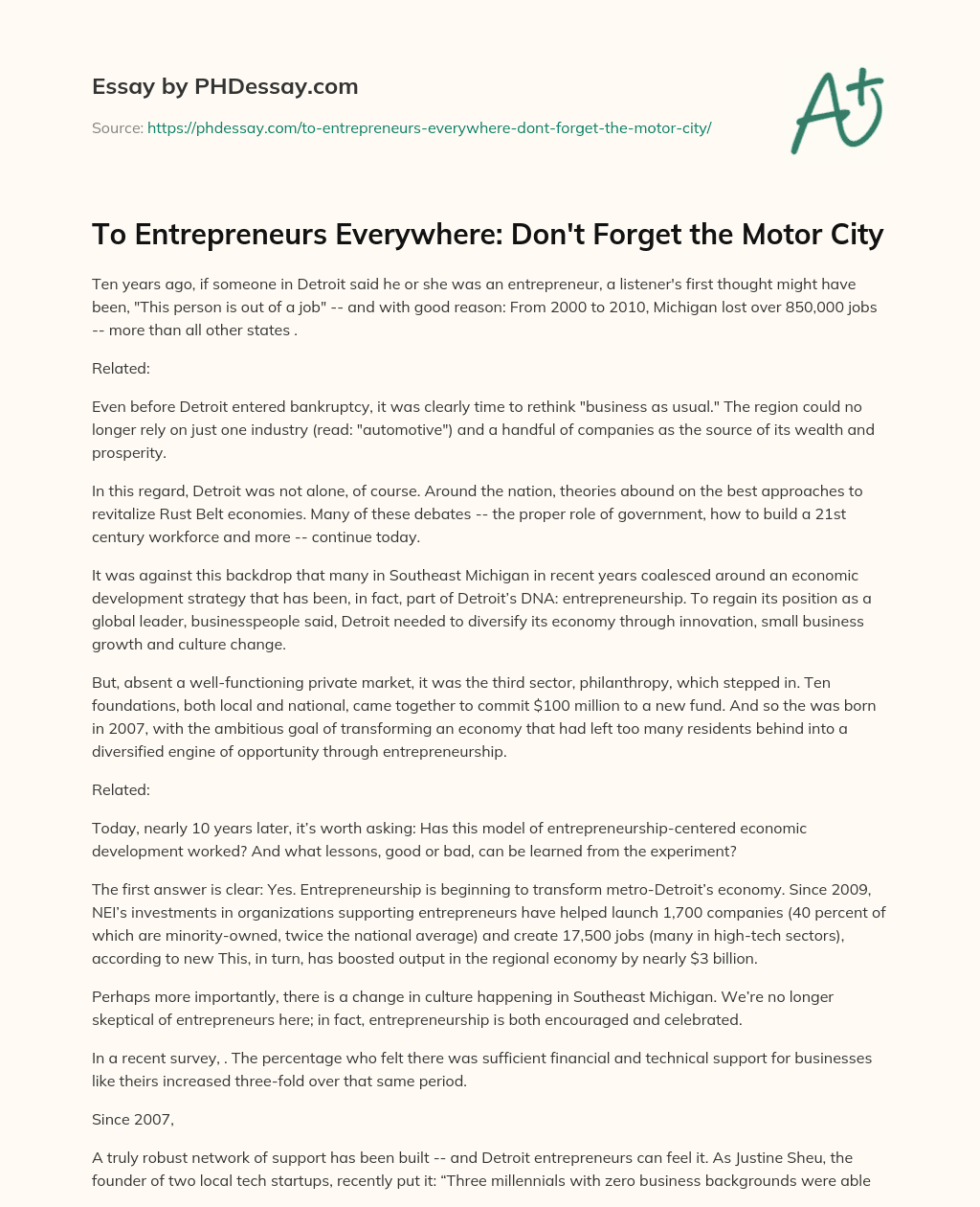 To Entrepreneurs Everywhere: Don’t Forget the Motor City essay
