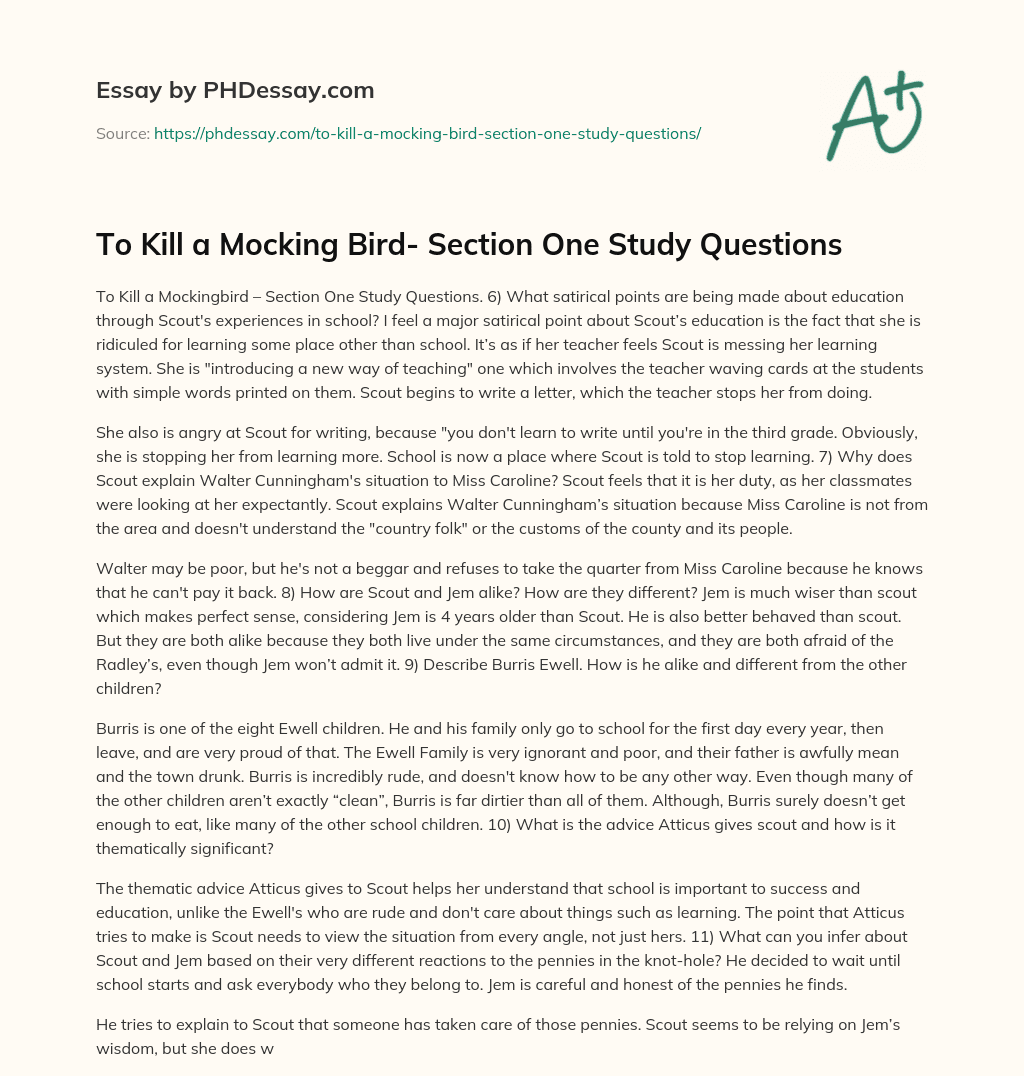 To Kill a Mocking Bird- Section One Study Questions essay